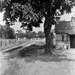 125693 Gezicht op een onbeveiligde spoorwegovergang bij een landweggetje in de omgeving van Ede of Lunteren.